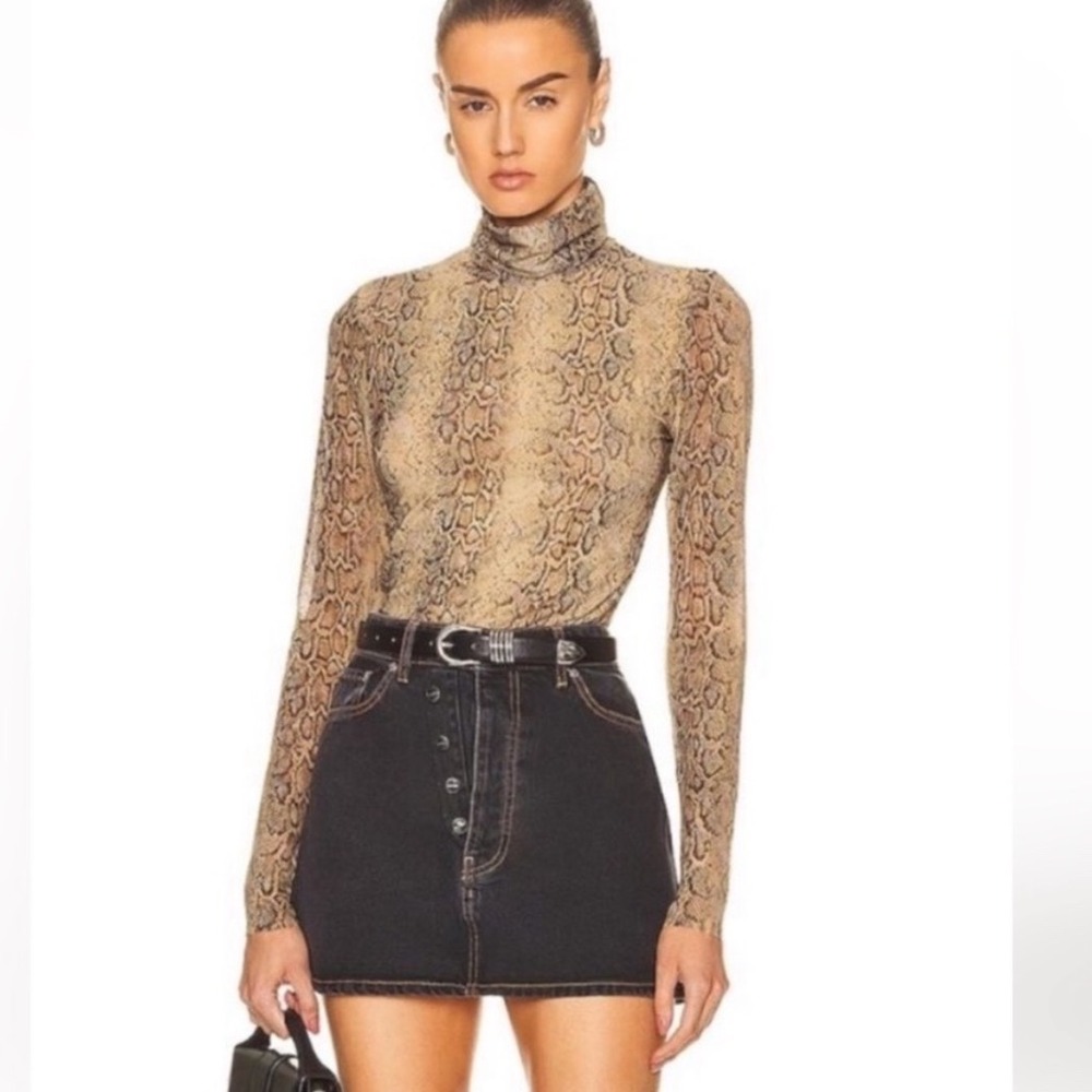 Ganni Printed Mesh Long Sleeve Fitted Top Snake T3289 Snakeskin Turtleneck 38